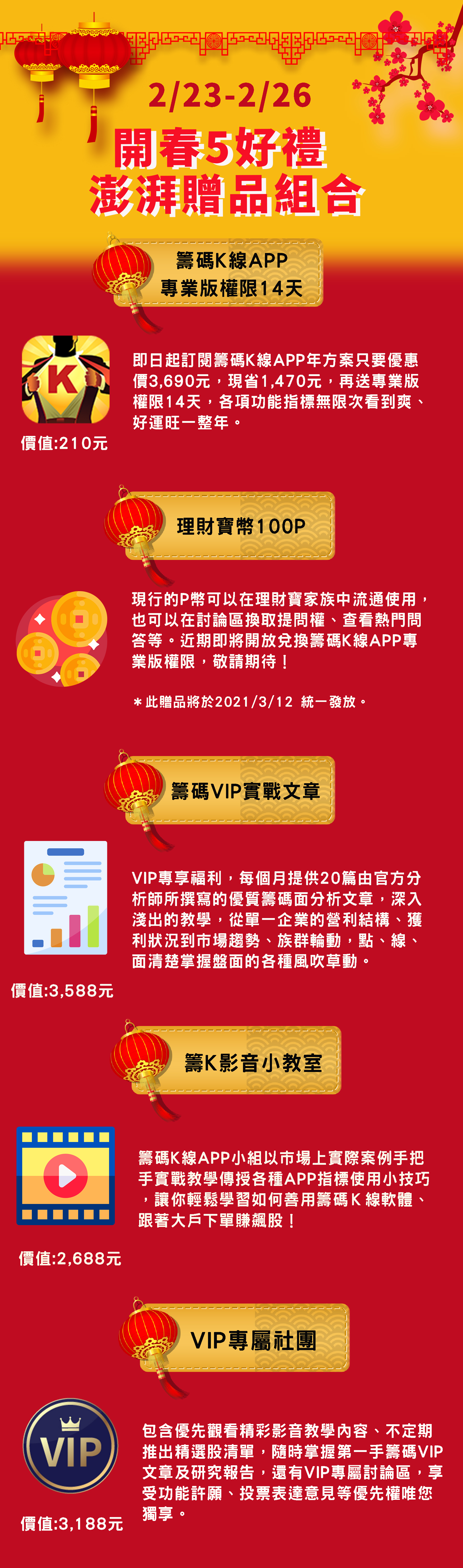 《籌碼 K 線》APP 慶元宵！活動期限訂閱，立即贈送１４天專業版權限，再贈多項開春好禮！