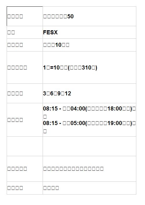  商品名稱 | 歐洲道瓊藍籌50 | 代碼 | FESX | 合約規格 | 指數＊10歐元 | 最小跳動點 | 1點=10歐元(約台幣310元) | 合約月份 | 3、6、9、12 | 交易時間 | 08:15 - 次日04:00(最後交易日18:00收盤)夏令 08:15 - 次日05:00(最後交易日19:00收盤)冬令 |  |   | 可委託單別 | 限價、市價、停損限價、停損市價 | 結算方式 | 現金交割 | 