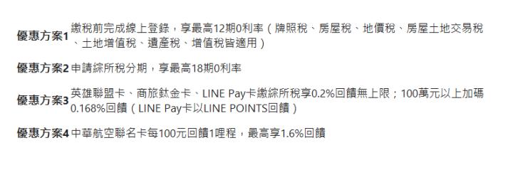  優惠方案1| 繳稅前完成線上登錄，享最高12期0利率（牌照稅、房屋稅、地價稅、房屋土地交易稅、土地增值稅、遺產稅、增值稅皆適用）| 優惠方案2| 申請綜所稅分期，享最高18期0利率| 優惠方案3| 英雄聯盟卡、商旅鈦金卡、LINE Pay卡繳綜所稅享0.2%回饋無上限；100萬元以上加碼0.168%回饋（LINE Pay卡以LINE POINTS回饋）| 優惠方案4| 中華航空聯名卡每100元回饋1哩程，最高享1.6%回饋| 