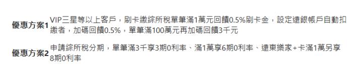  優惠方案1| VIP三星等以上客戶，刷卡繳綜所稅單筆滿1萬元回饋0.5%刷卡金，設定遠銀帳戶自動扣繳者，加碼回饋0.5%，單筆滿100萬元再加碼回饋3千元| 優惠方案2| 申請綜所稅分期，單筆滿3千享3期0利率、滿1萬享6期0利率、遠東樂家+卡滿1萬另享8期0利率| 