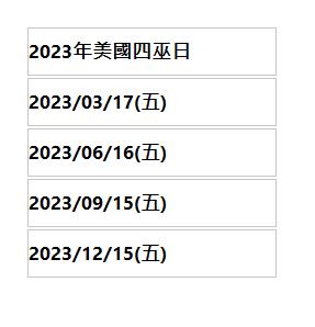  2023年美國四巫日 | 2023/03/17(五) | 2023/06/16(五) | 2023/09/15(五) | 2023/12/15(五) | 