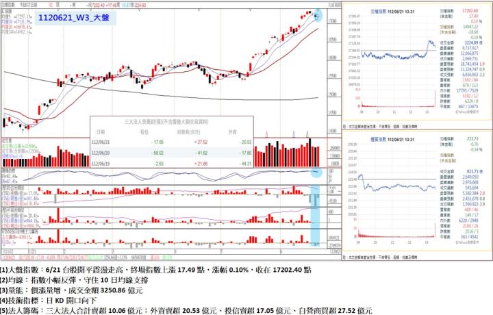 6/21台股開平震盪走高，終場指數上漲17.49點，指數小幅反彈，守住10日均線支撐，收在17202.40點