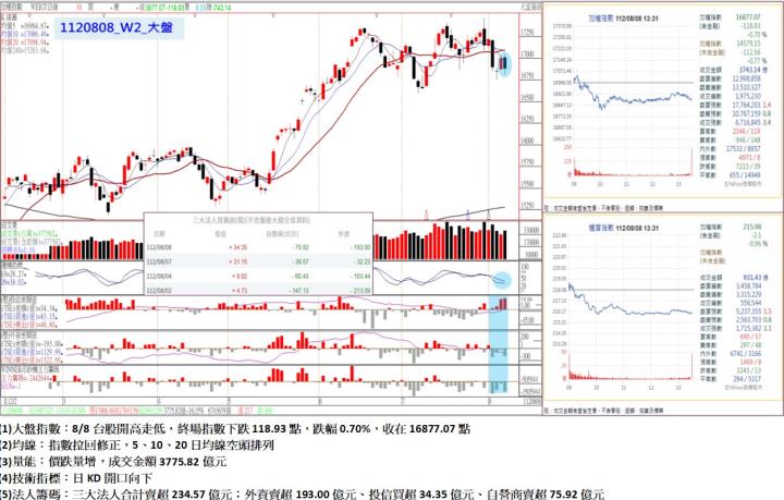 8/8台股開高走低，終場指數下跌118.93點，指數拉回修正，5、10、20日均線空頭排列，收在16877.07點