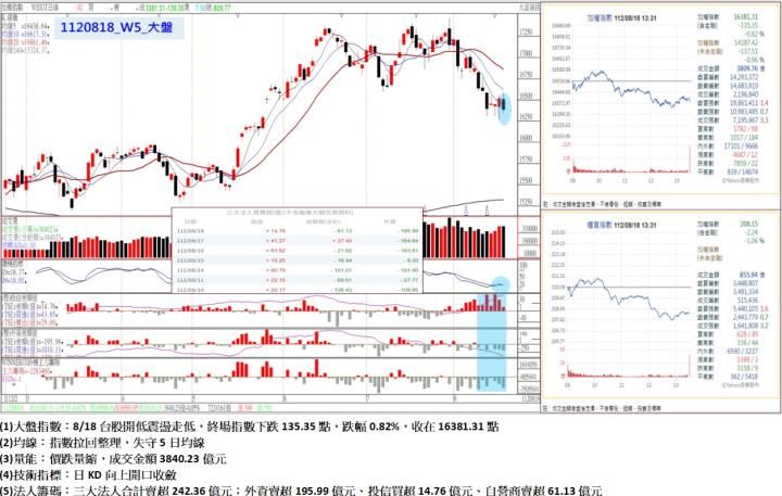 8/18台股開低震盪走低,終場指數下跌135.35點,指數拉回整理,失守5日均線,收在16381.31點