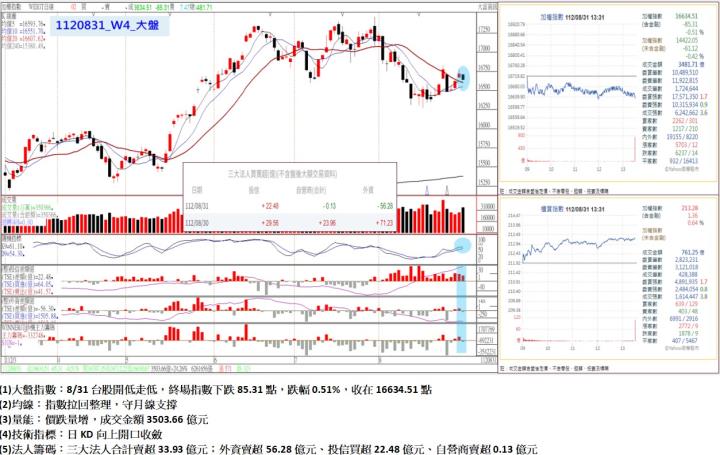 8/31台股開低走低，終場指數下跌85.31點，指數拉回整理，守月線支撐，收在16634.51點