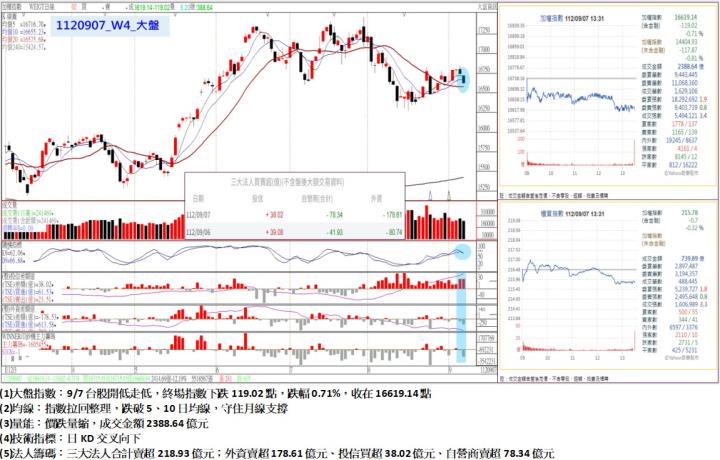 9/7台股開低走低，終場指數下跌119.02點，指數拉回整理，跌破5、10日均線，守住月線支撐，收在16619.14點