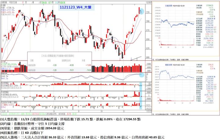 11/23台股開低狹幅震盪,終場指數下跌15.71點,指數拉回整理,守住5日均線支撐 ,收在17294.55點