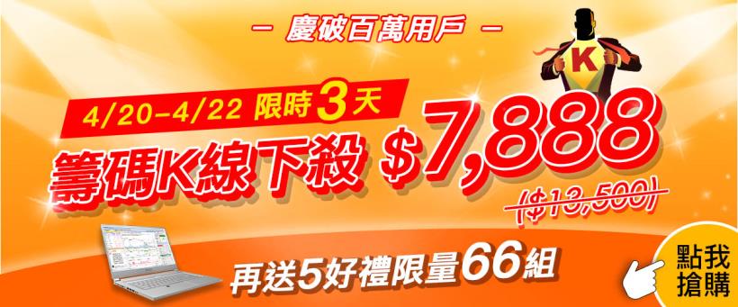 限量66組!籌碼K線【歡慶突破百萬用戶】只要 $7,888 就可享 5大投資好禮