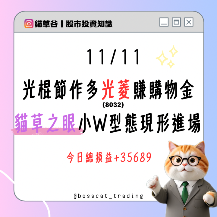 光棍節作多光菱賺購物金 貓草之眼小W型態現形進場