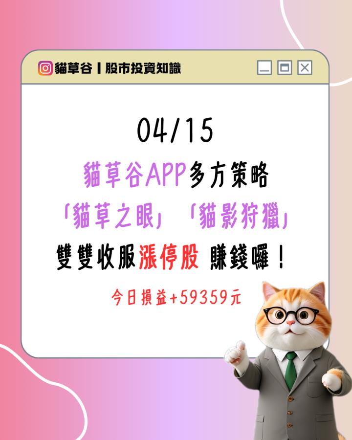 貓草谷APP多方策略 「貓草之眼」「貓影狩獵」 雙雙收服漲停股 賺錢囉！
