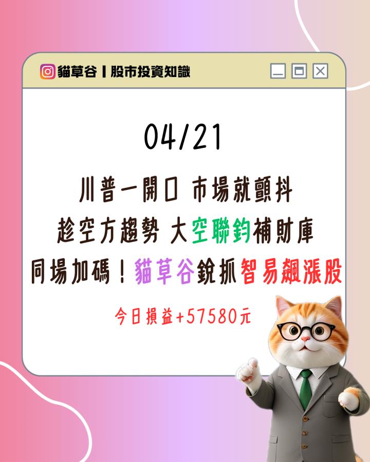 川普一開口 市場就顫抖 趁空方趨勢 大空聯鈞補財庫 同場加碼！貓草谷銳抓智易飆漲股