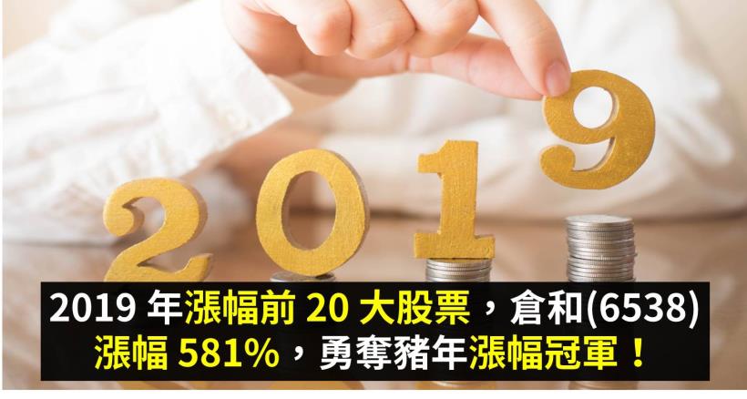 2019 年漲幅前 20 大股票，其中倉和(6538)漲幅 581％，勇奪豬年漲幅冠軍！