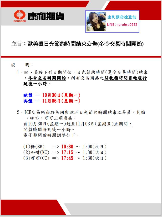 2023歐美盤日光節約時間結束公告(冬令交易時間開始)＠台中康和期貨徐雅如期貨選擇權海期手續費#外期海期期貨手續費 