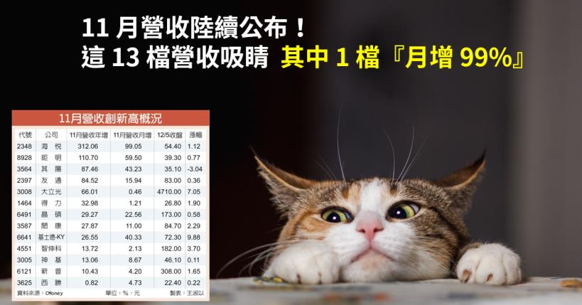 【籌碼K晨報】11 月營收陸續公布！大立光(3008)..13 檔營收吸睛，其中 1 檔月增 99％