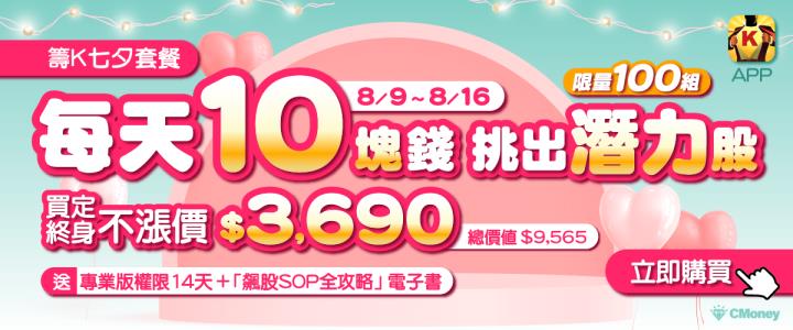 《籌碼 K 線》APP 七夕限定套餐！只有１００組，加贈１４天專業版權限、「飆股SOP全攻略」電子書...等甜蜜好禮