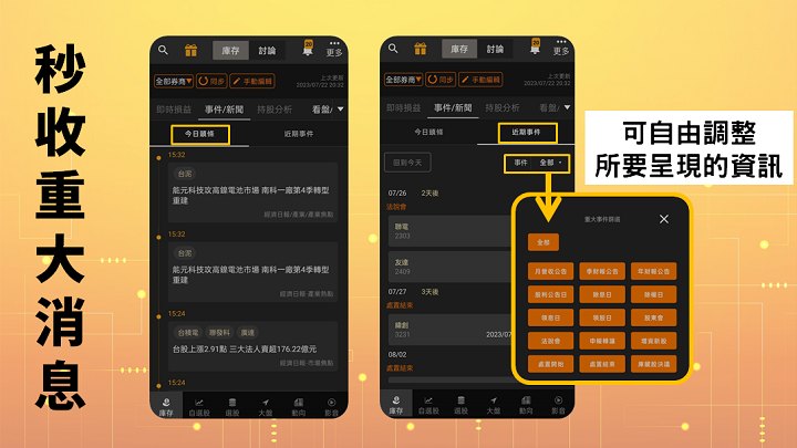 怎麼用籌碼K線App看庫存損益、盤中報酬、個股重大事件?