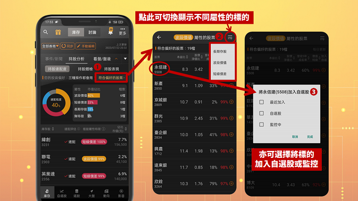 籌碼K線App｜庫存獨家功能介紹：持股分析！ＡＩ計算庫存股與操作屬性速配程度，並同步追蹤標的報酬表現！