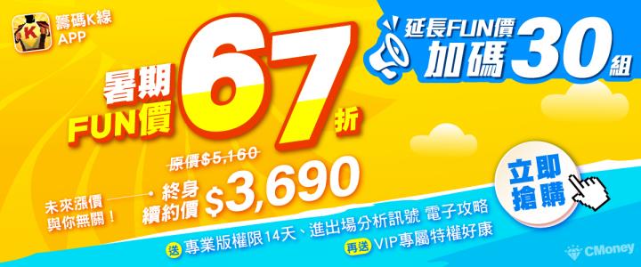 《籌碼 K 線》APP Fun價延長！ 67 折特惠，限量３０組，送權限、送電子攻略！價值萬元好禮！