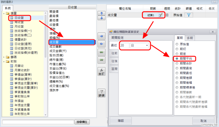 如何設定近20日均量、法人買賣超金額(百萬)、近4季EPS、本益比