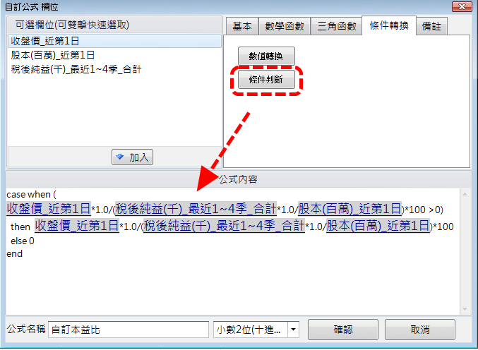 自訂中的「條件轉換」說明 以本益比為例