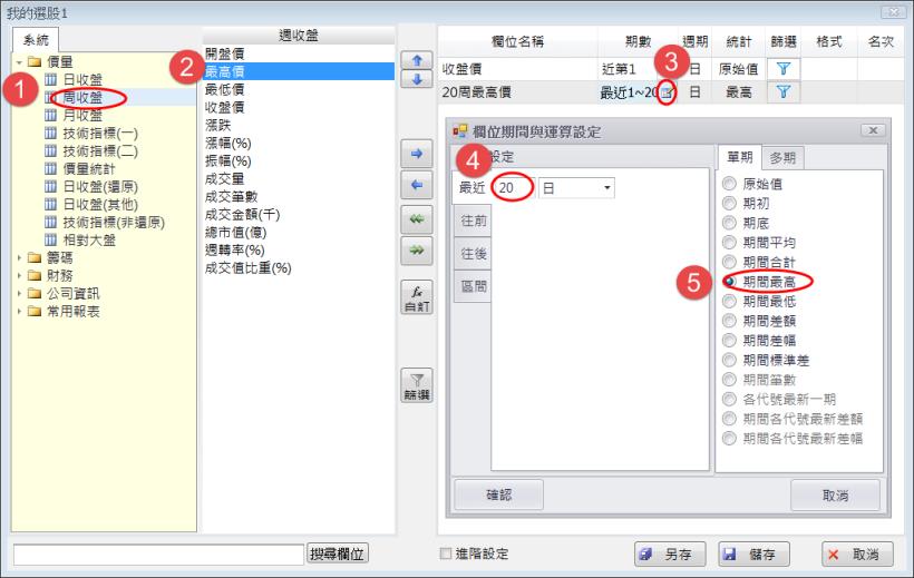 如何設定創20週新高股價之個股