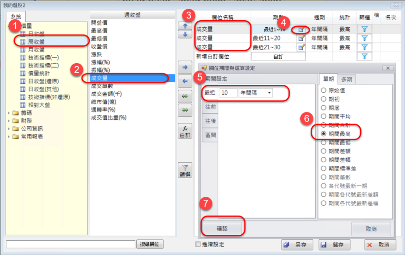 如何設定自上市/櫃以來最大成交量周成交量?