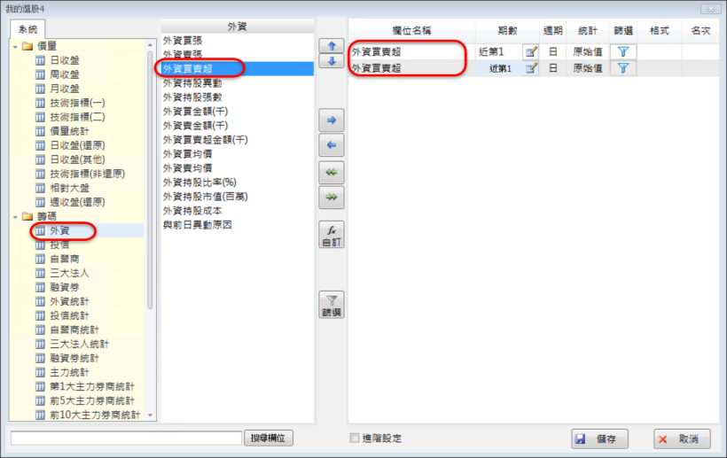 如何選出今日外資大於前七日外資買賣超合計的股票?