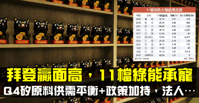 【籌碼K晨報】拜登贏面高 11 檔綠能承寵，Q4矽原料供需平衡+政策加持，法人看好…