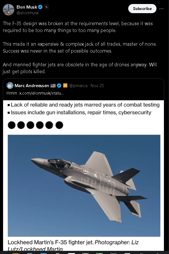 Elon Musk對F35批評