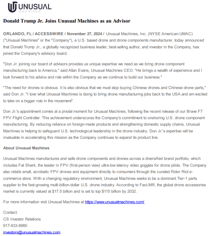 Unusual Machines聘請Donald Trump Jr.擔任公司顧問