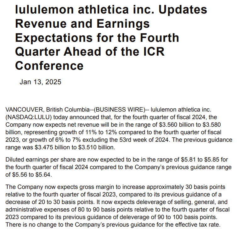 Lululemon Athletica第四財季營運前瞻預告