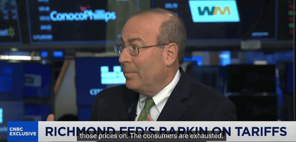 Thomas Barkins表示消費者厭倦支付更高價格