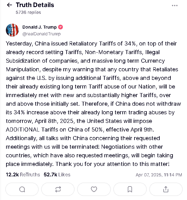 Donald Trump對中國報復反制威脅再度加徵