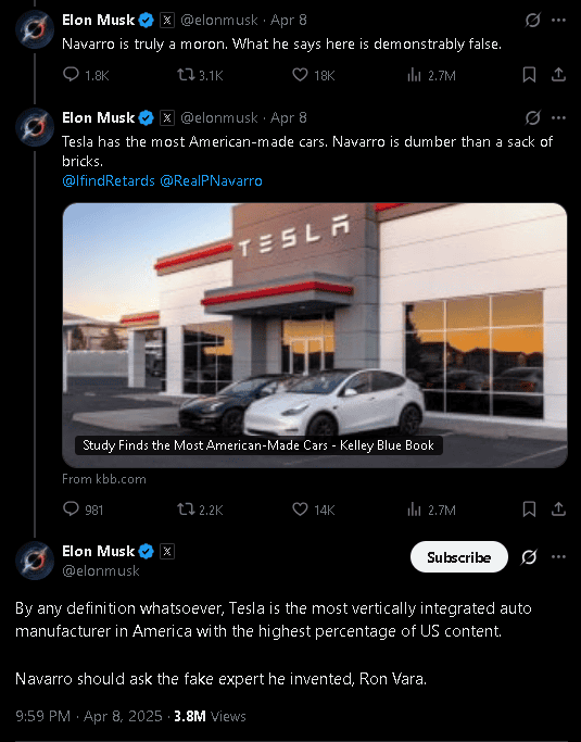 Elon Musk回擊Peter Navarro對Tesla的看法