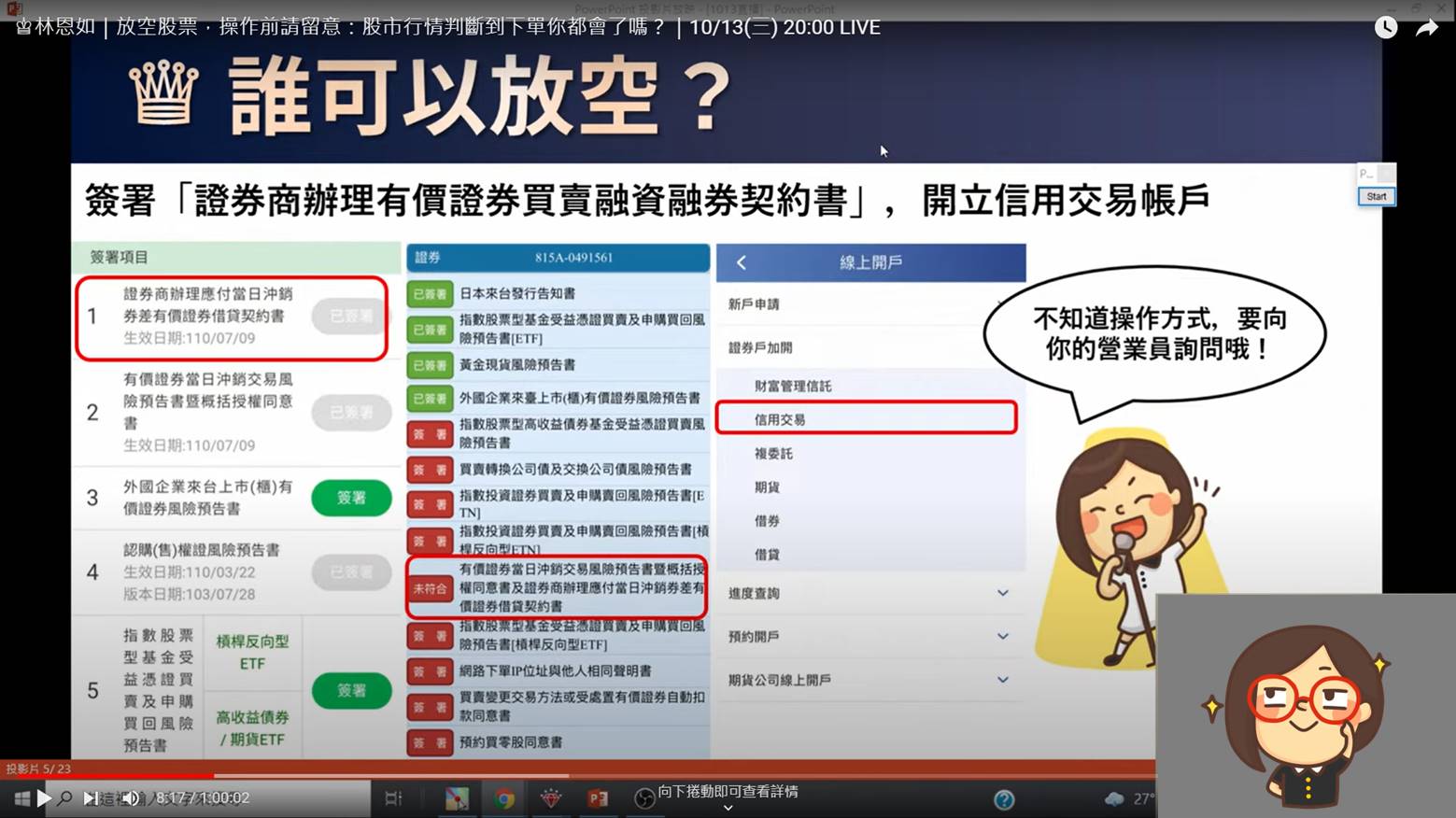 要放空必須開立信用交易帳戶，可先進行線上簽署「證券商辦理有價證券買賣融資融券契約書」