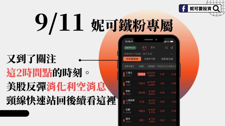 0911 妮可VIP鐵粉專屬： 又到了關注這2時間點的時刻。 美股反彈消化利空消息，頸線快速站回後續看這裡