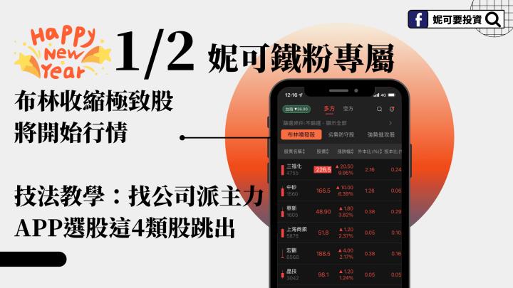 20230102 妮可VIP鐵粉專屬： 布林收縮極致股將開始行情，技法教學：找公司派主力，APP選股這4類股跳出