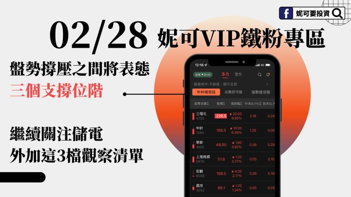 0228 妮可VIP專區》盤勢撐壓之間將表態，繼續關注儲電，外加這3檔