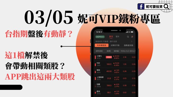 0305 妮可VIP專區》台指期盤後有動靜？這檔解禁後會帶動相關類股嗎？