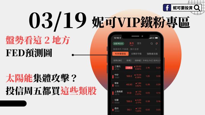 0319妮可VIP鐵粉專區：盤勢看這 2 地方，太陽能集體攻擊？投信周五都買這些類股