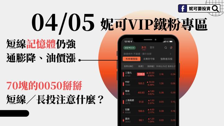 0405妮可VIP專區》短線記憶體仍強，70塊的0050掰掰，最近短線／長投注意什麼？