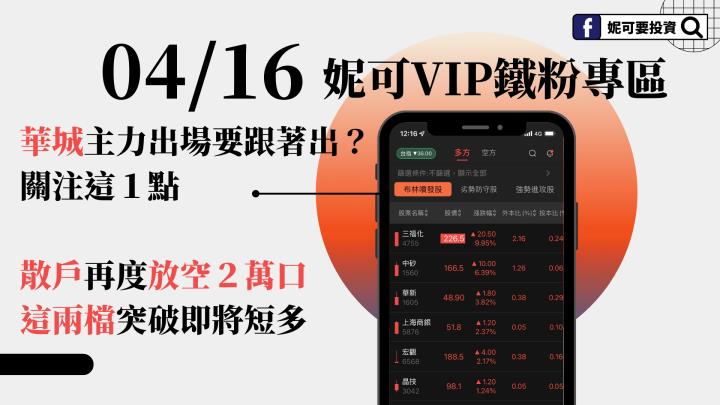 0416妮可VIP專區》華城主力出場要跟著出？關注這１點，散戶再度放空２萬口，這兩檔突破即將短多