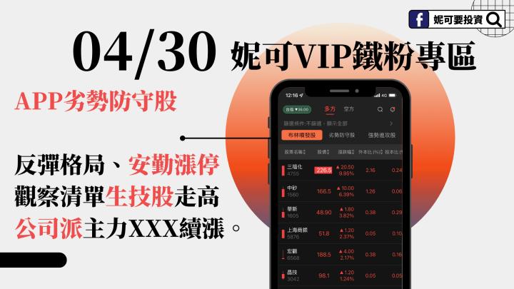 0430 妮可VIP專區》反彈格局，生技股繼續走高、安勤漲停、公司派主力繼續看。