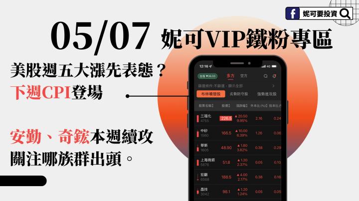 0507 妮可VIP專區》美股週五大漲先表態？下週CPI登場，安勤、奇鋐本週續攻
