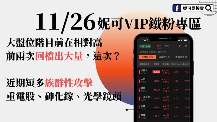 1126 妮可VIP專區》週五重電股、砷化鎵攻擊，大盤位階在相對高，前兩次回檔出大量，這次？