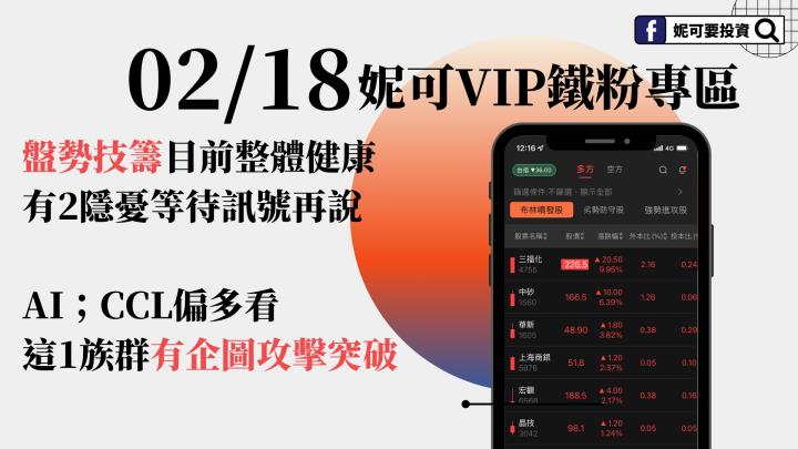0218妮可教學影音》盤勢技籌目前整體健康，有2隱憂等待訊號再說，AI；CCL偏多看；這1族群有企圖攻擊突破