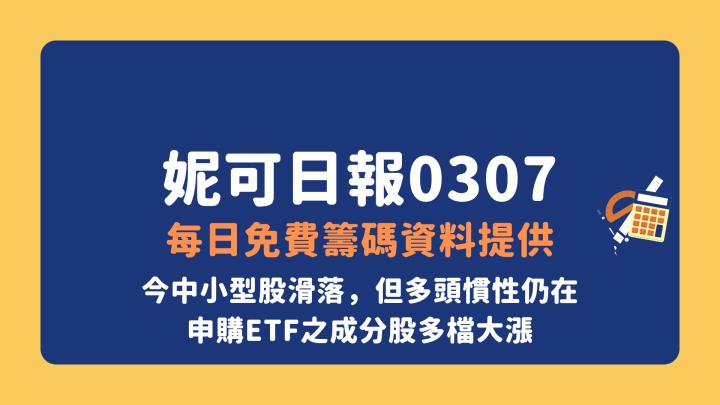 0307 妮可VIP教學文章》今中小型股滑落，但多頭慣性仍在。申購ETF之成分股多檔大漲