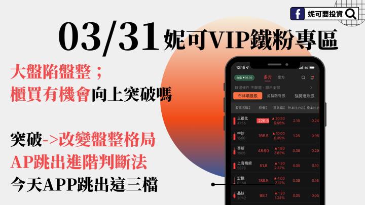 0331 | 妮可周末VIP教學影音 ( 突破就是改變盤整格局，跳出進階判斷法，今天APP跳出這三檔)
