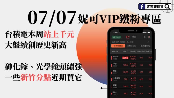 0707 妮可VIP周末影音》台積電站上千元續創歷史高  砷化鎵、光學鏡頭續強