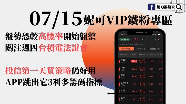 0715妮可教學影音》盤勢恐較高機率開始盤整。投信第一天買策略仍好用，今分享一檔有3利多籌碼指標